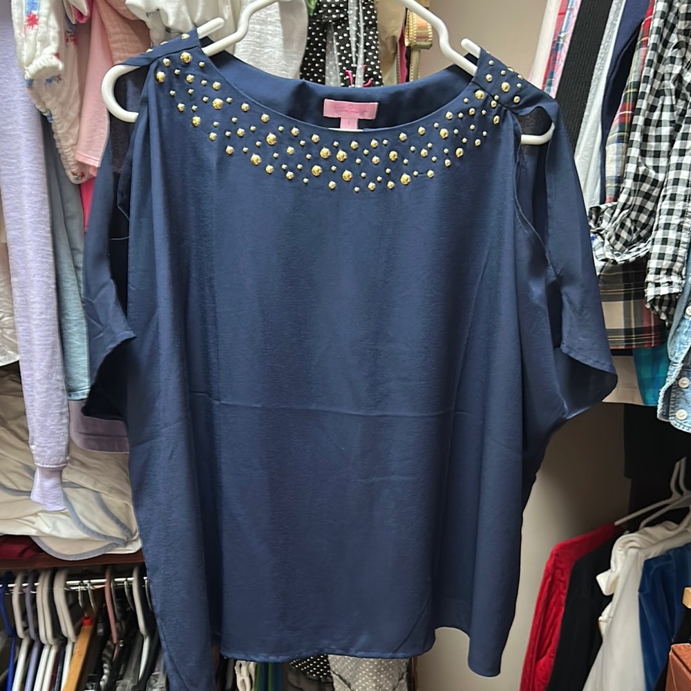 Lilly Pulitzer Gold Embellished Blue Blouse